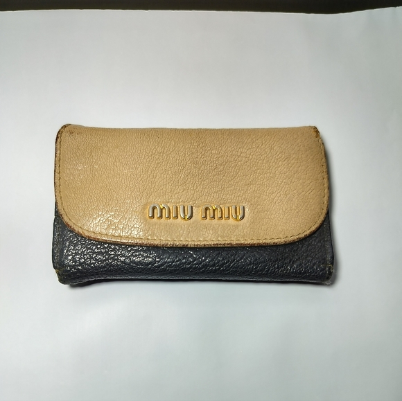 Miu Miu Madras Bicolore Key Holder Small Wallet Card Holder Black Cream Vintage - Picture 2 of 13